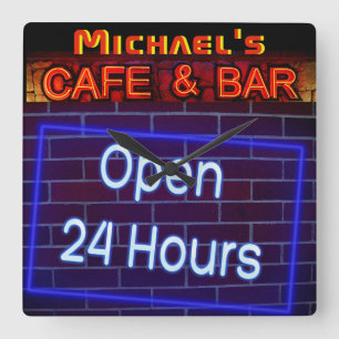 Horloge Carrée BAR-NEON CAFÉ EN TOUTES LES HEURES Personnalisé 2