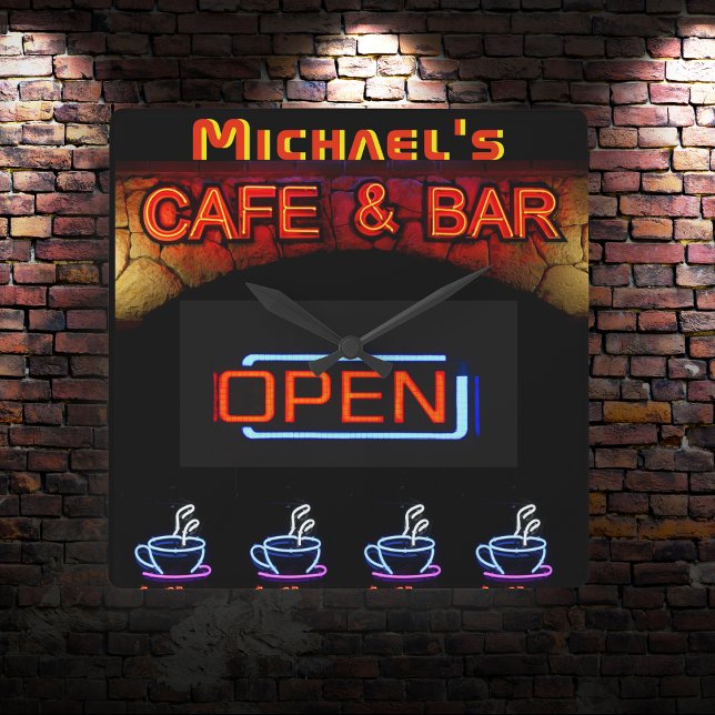 Horloge Carrée BAR-Neon CAFE OPen Cups de café Personnalisé (Créateur téléchargé)