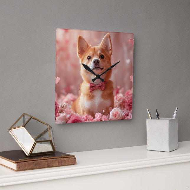 Horloge Carrée Basenji avec Rose - Saint Valentin (Bureau)
