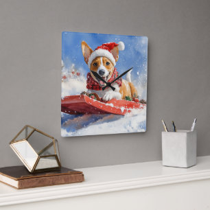 Horloge Carrée Basenji Chien en rebord Laisser neiger Noël
