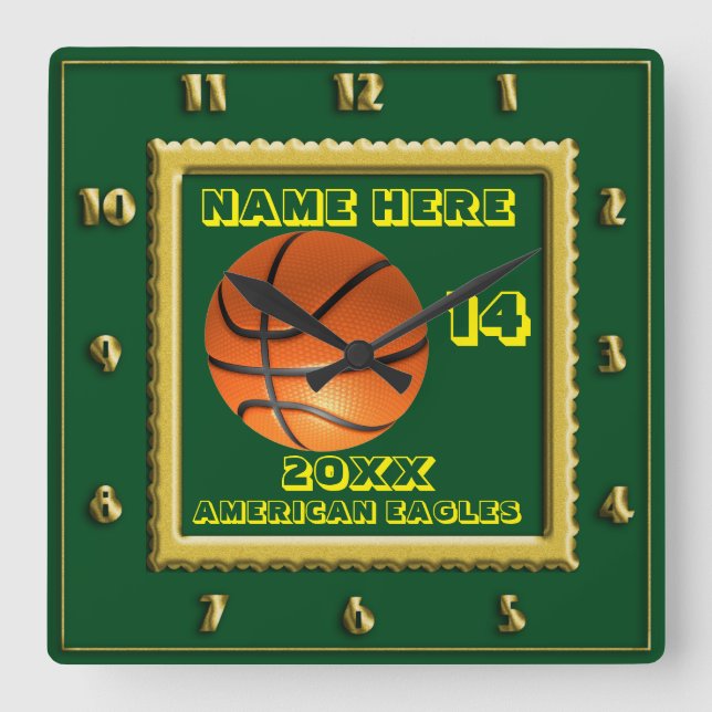 Horloge Carrée Basket-ball avec nom de joueur vert (Recto)