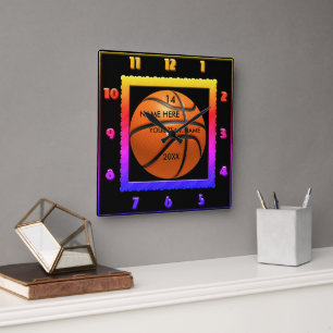 Horloge Carrée Basketball Rainbow color clock with Player Nom