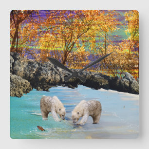 Horloge Carrée Basses À Ours Polaires Pêche,