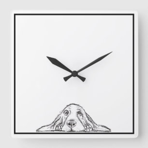 Horloge Carrée basset hound noir blanc yeux de chiot simple 