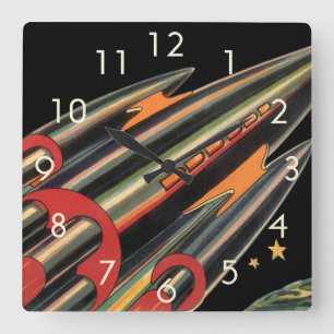 Horloge Carrée Bateau à fusée de science-fiction vintage par Spac