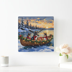 Horloge Carrée Bateau de Noël Basenji pour les Fêtes