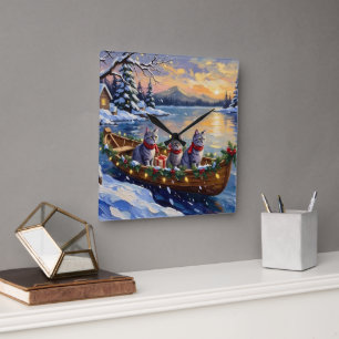 Horloge Carrée Bateau de Noël de Chat Bleu Oriental Fêtes