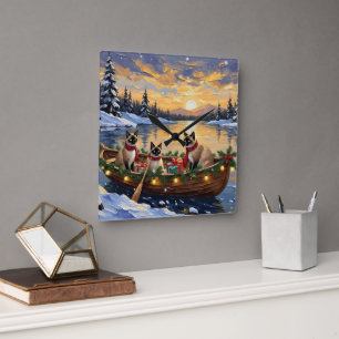 Horloge Carrée Bateau de Noël de chat siamois pour les fêtes