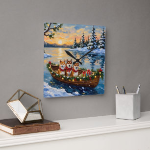 Horloge Carrée Bateau de Noël Shiba Inu pour les Fêtes