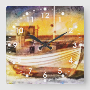 Horloge Carrée Bateau de pêche nautique sur la plage à l'art