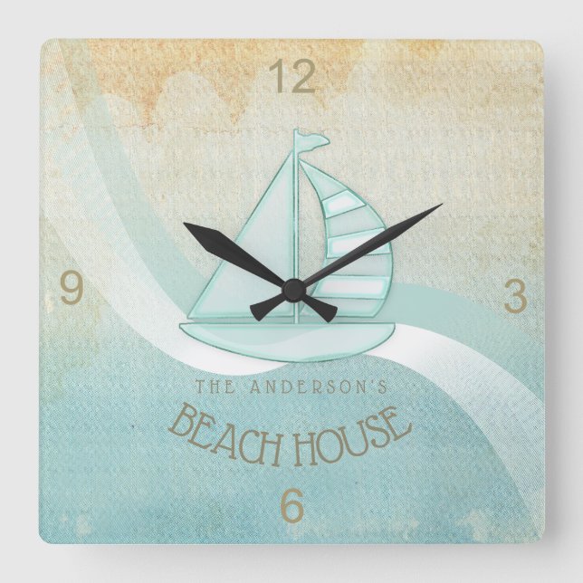 Horloge Carrée Beach House Nautical Voilier Aqua Blue ID623 (Recto)