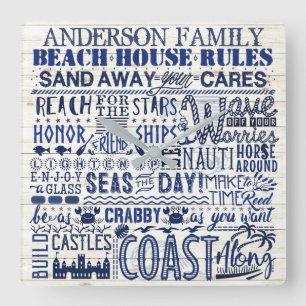 Horloge Carrée Beach House Rules Custom Nom de famille Blue Coast