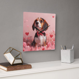 Horloge Carrée Beagle avec Rose - Saint Valentin