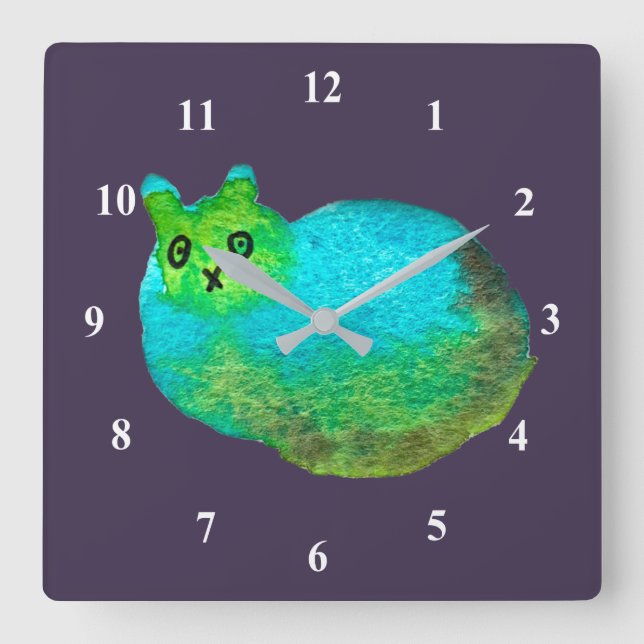 Horloge Carrée Beau bleu gras art chat (Recto)