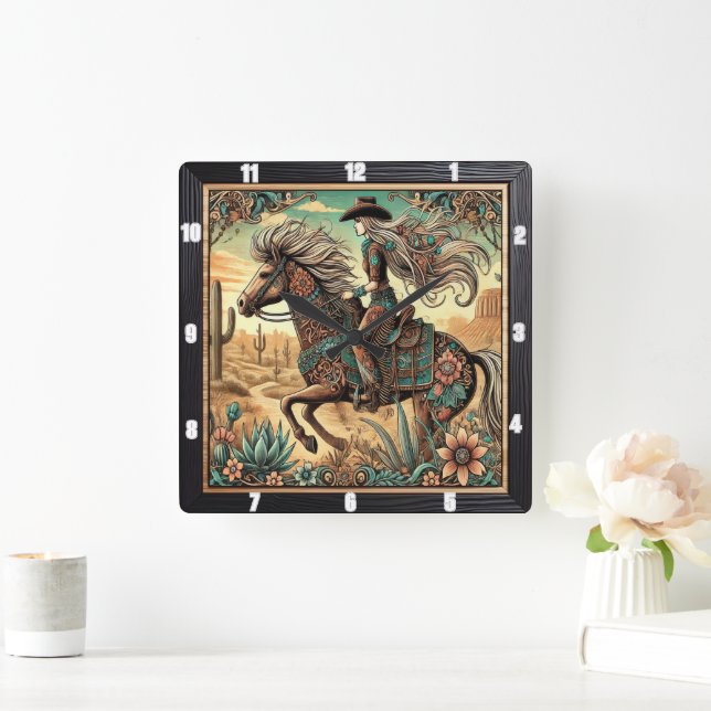 Horloge Carrée Beau cavalier à cheval dans un paysage désertique (Maison)