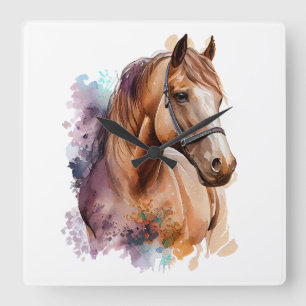 HORLOGE CARRÉE BEAU CHESTNUT WATERCOLOR CHEVAUX TÊTE
