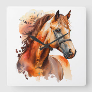 HORLOGE CARRÉE BEAU CHESTNUT WATERCOLOR CHEVAUX TÊTE