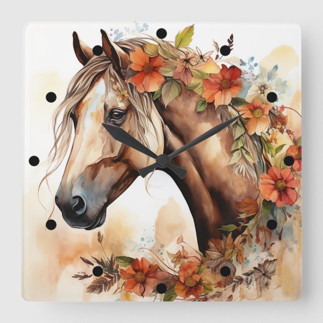 Horloge Carrée Beau Cheval aux jolies fleurs Aquarelle (Recto)