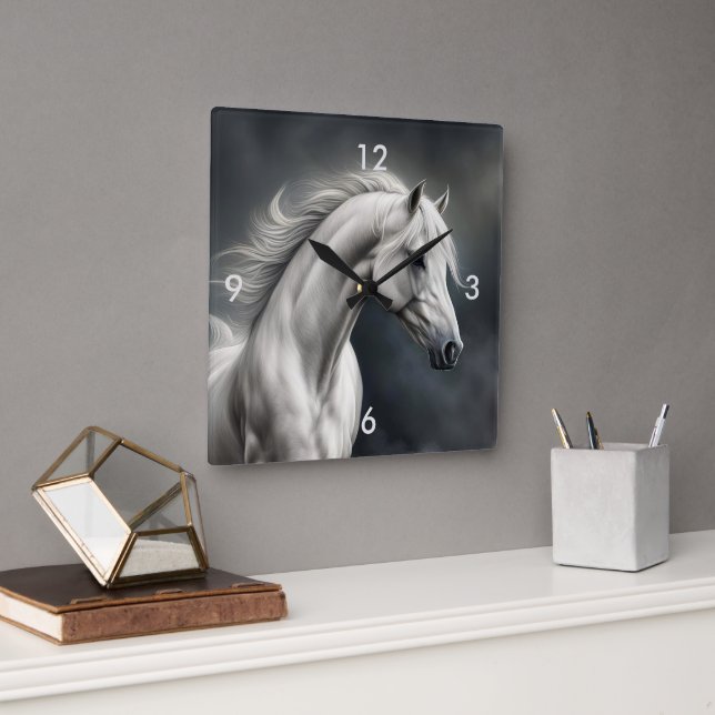 Horloge Carrée Beau Cheval Blanc Flower Mane (Bureau)
