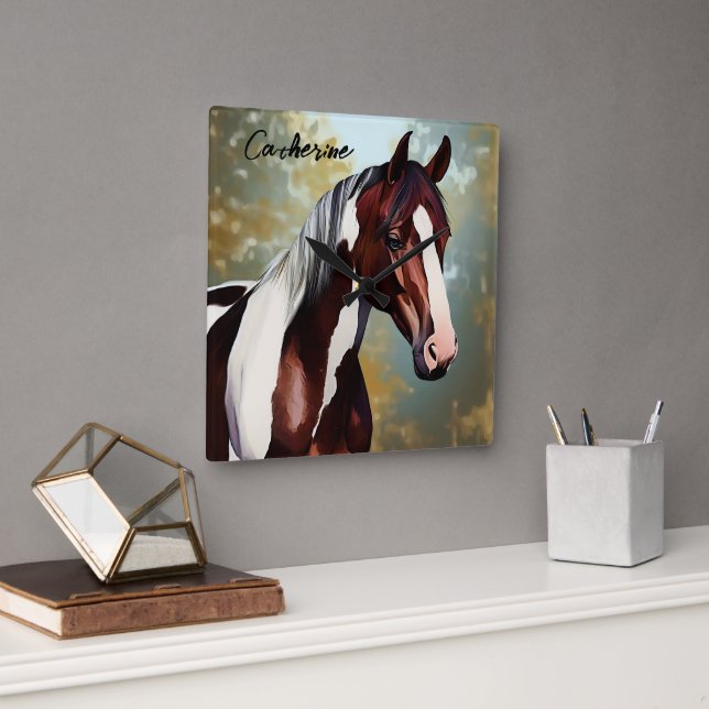 Horloge Carrée Beau Cheval de Peinture (Bureau)