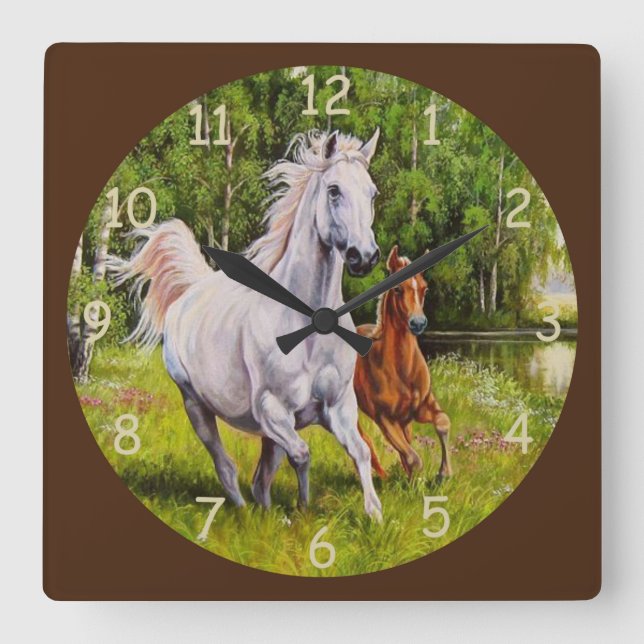 Horloge Carrée Beau Chevaux de course Art (Recto)