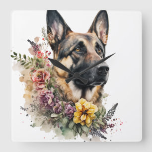 HORLOGE CARRÉE BEAU CHIEN ALLEMAND SHEPHERD AVEC FLEURS SAUVAGES