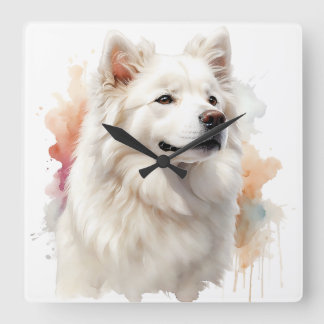 HORLOGE CARRÉE BEAU CHIEN SAMOYEN BLANC FLUFÉ