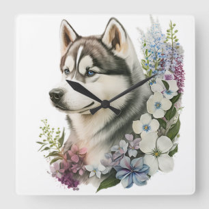 HORLOGE CARRÉE BEAU CHIEN SIBÉRIEN HUSKY AVEC FLEURS