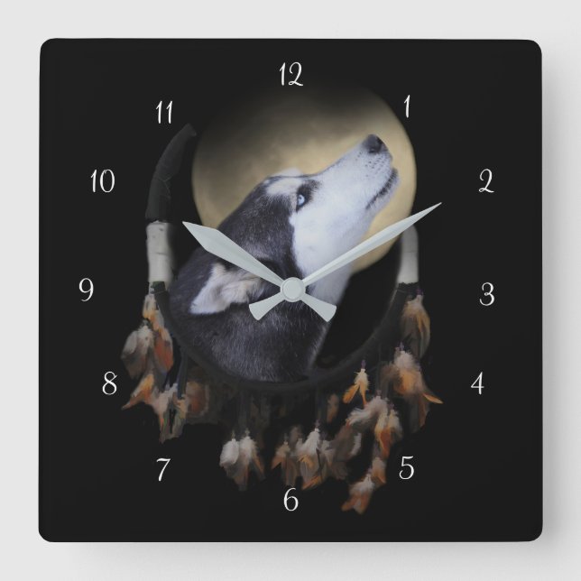 Horloge Carrée Beau Husky Chien et Dream Catcher (Recto)