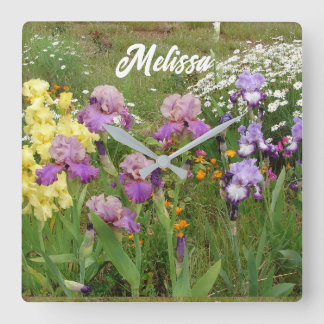 Horloge Carrée Beau Jardin fleuri pourpre Iris Irises