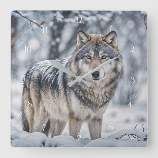 Horloge Carrée Beau Loup dans la Faune de la Neige
