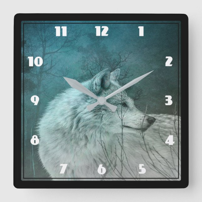 Horloge Carrée Beau loup gris dans une forêt foncée (Recto)