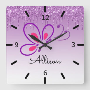 Horloge Carrée Beau Papillon pourpre personnalisé