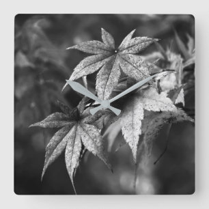 Horloge Carrée Beau portrait de feuille d'érable japonais en B/W