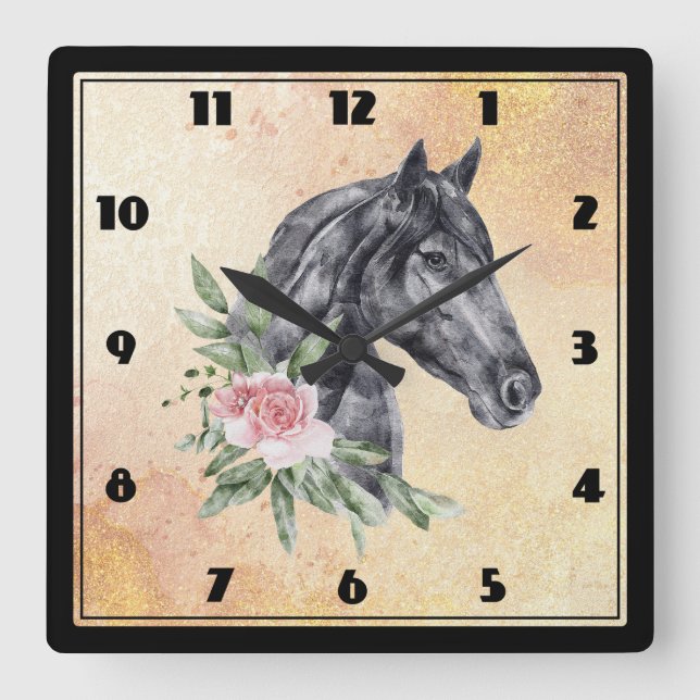 Horloge Carrée Beau portrait de la tête de cheval Aquarelle (Recto)