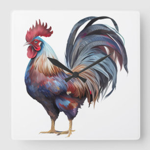 HORLOGE CARRÉE BEAU ROOSTER COLORÉ D'EAU