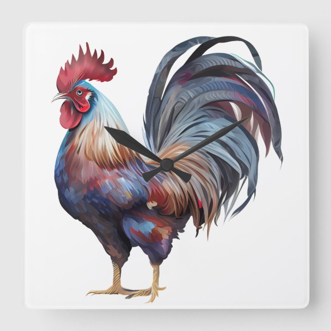 HORLOGE CARRÉE BEAU ROOSTER COLORÉ D'EAU (Recto)