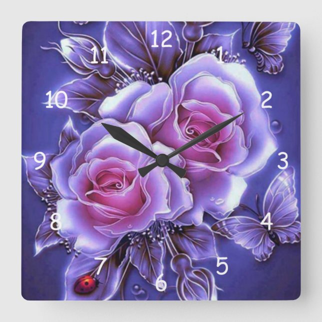 Horloge Carrée Beau Rose de néon pourpre et bug dame (Recto)