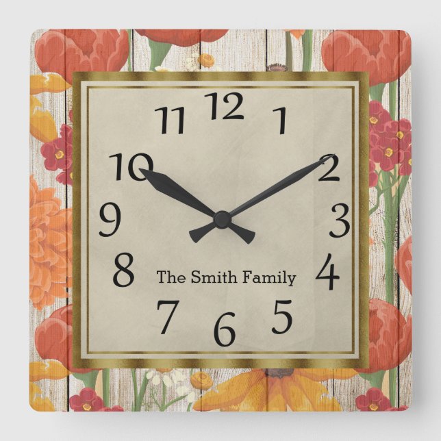 Horloge Carrée Beau Rouge Orange Jaune Bois Floral (Recto)