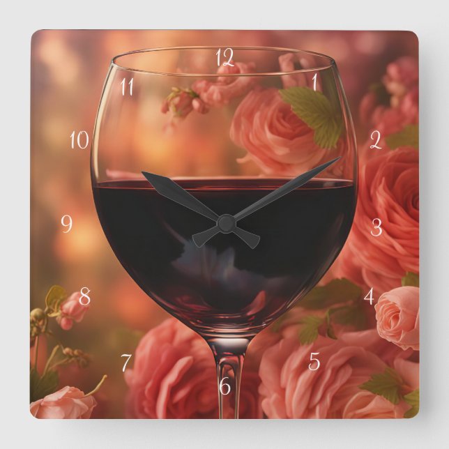 Horloge Carrée Beau vin et art Rose (Recto)