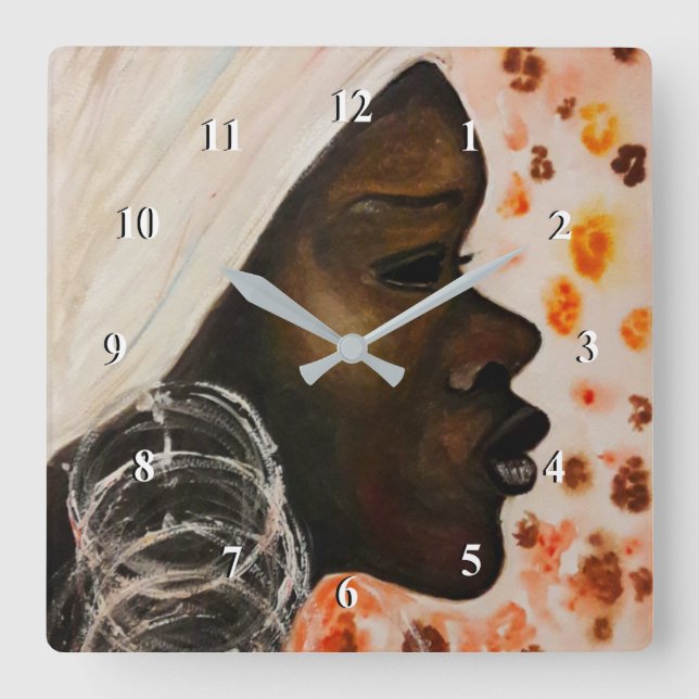 Horloge Carrée Beauté africaine - Aquarelle peinture (Recto)