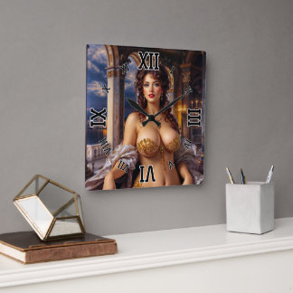 Horloge Carrée Beauté Opulente Élégance Royale Portrait par Xzend