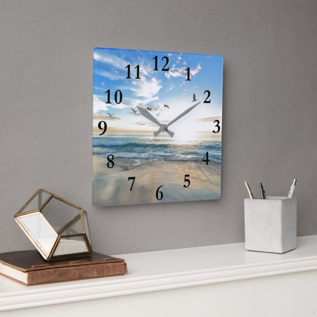 Horloge Carrée Beautiful Caribbean Tropical Beach & Birds (Bureau)