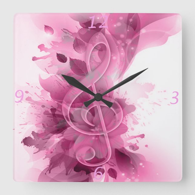 Horloge Carrée Beautiful pink grey cool splatter flowers leaves (Recto)