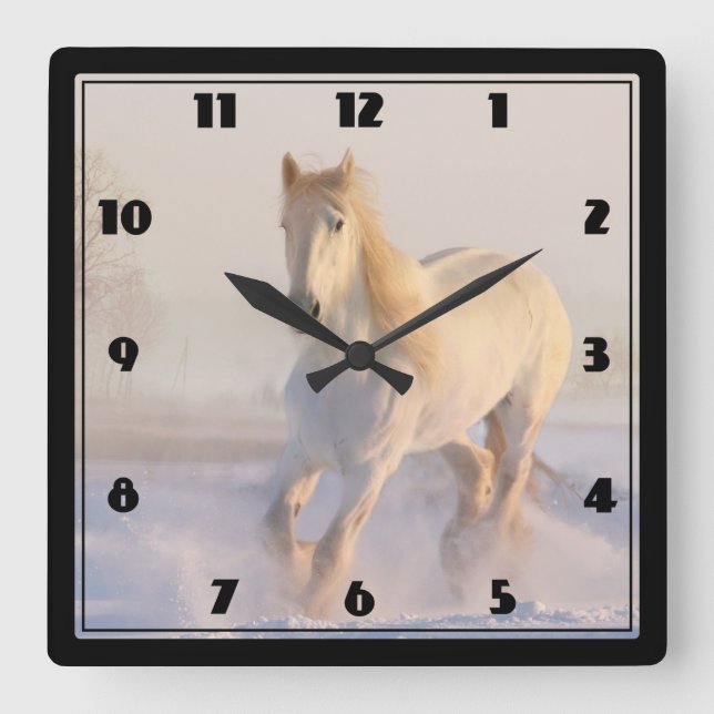 Horloge Carrée Beautiful White Horse dans la photo de Snow (Recto)
