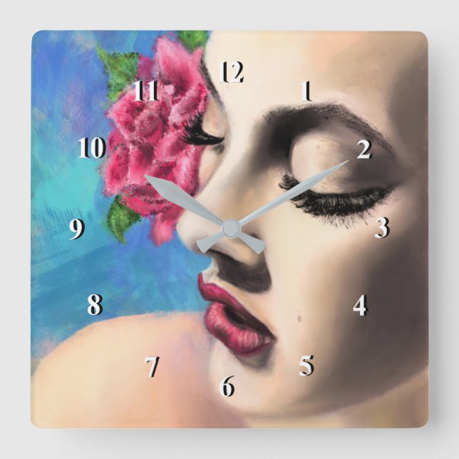 Horloge Carrée Beauty Woman avec Rose rouge - Art de la peinture  (Recto)