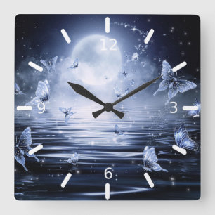 Horloge Carrée Beaux Papillons Magiques Au Clair De Lune