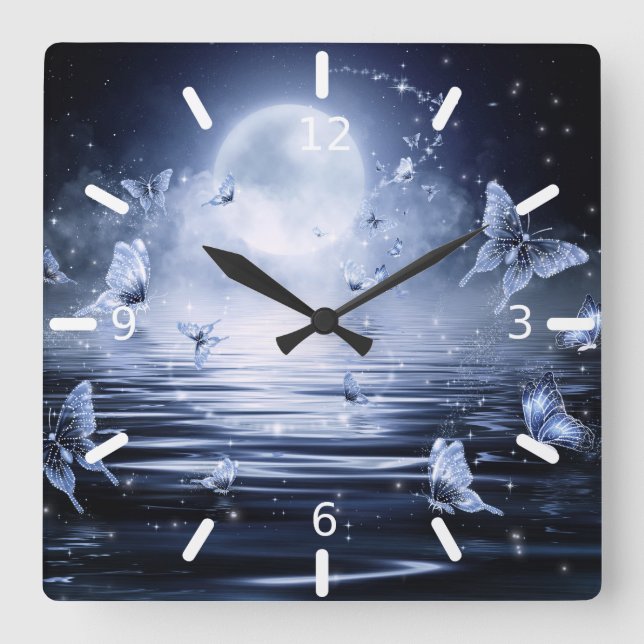 Horloge Carrée Beaux Papillons Magiques Au Feu De Lune (Recto)