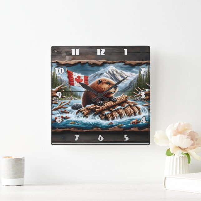 Horloge Carrée Beaver Builds Lodge by Mountain Stream (Maison)