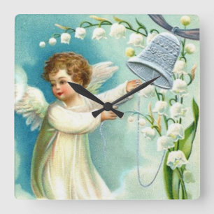 Horloge Carrée Bébé Ange Avec Cloche Bleue